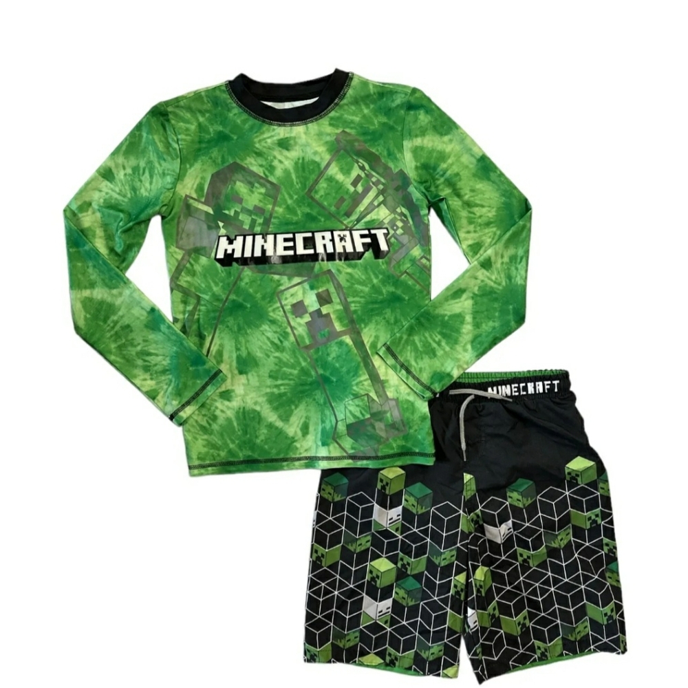 Minecraft Boy's 2-Piece Long Sleeve Rash Guard & Swim Short Set